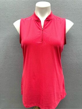 Under Armour Golf Top Women Size M Pink Navy Polka Dot 1/4 Zip Athletic Heatgear